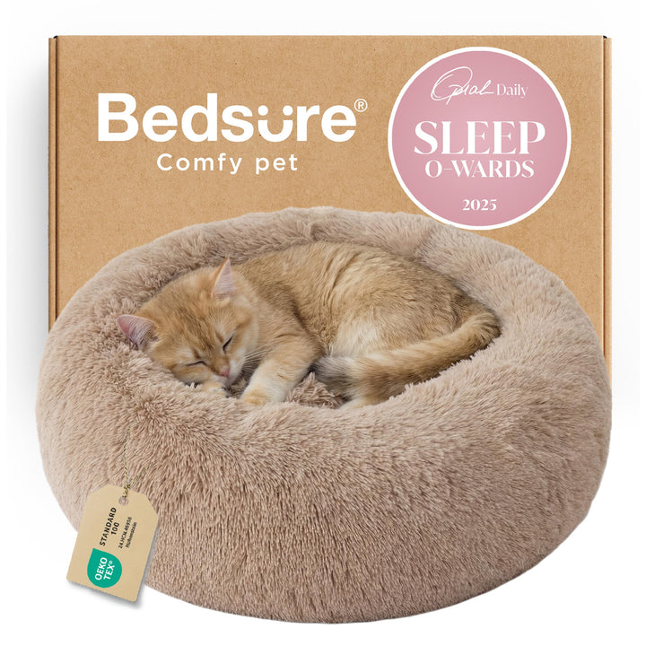 Bedsure Calming Cat Beds Donut Round Washable Kitten Bed,20 inches Camel
