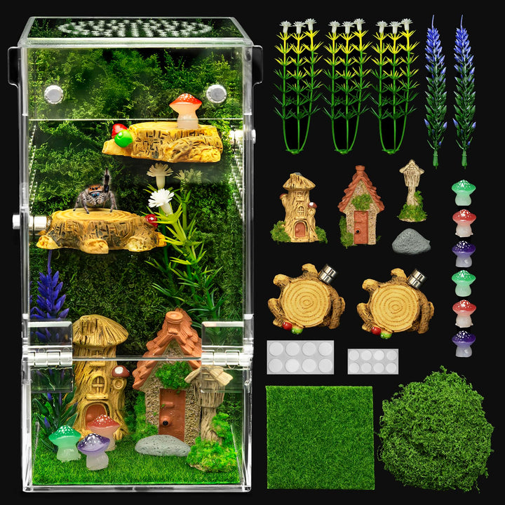 Clioran Jumping Spider Enclosure Starter Kit,3 x 3 x 6 in Acrylic Terrarium