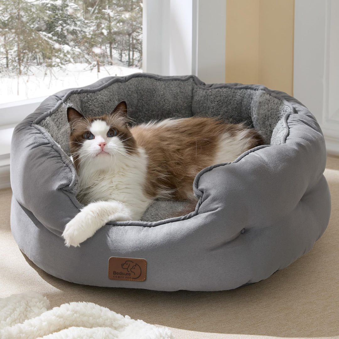 Bedsure Self Warming Cat Bed,Round Washable Small Dog Bed, 20In Grey
