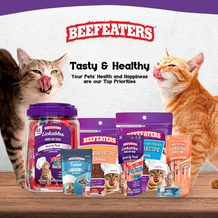 Beefeaters Lickable Cat Treats 48 Count – Puree Squeeze Up Tubes Variety Pack (Salmon, Tuna &amp; Chicken) | Grain Free, Taurine Enriched, High Moisture for Picky Eaters | Cat Treat Topper or Snack