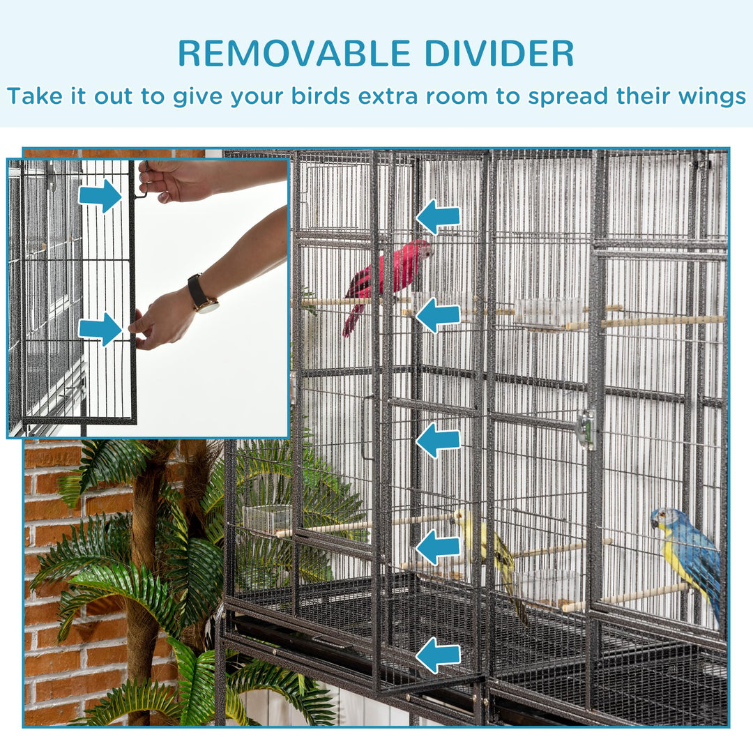 PawHut 65" Double Rolling Metal Bird Cage with Divider, Large Parrot Cage for Parakeet, Canaries, Lovebirds, Budgie, Finch, with Detachable Rolling Stand, Storage Shelf, Wood Perch &amp; Food Container