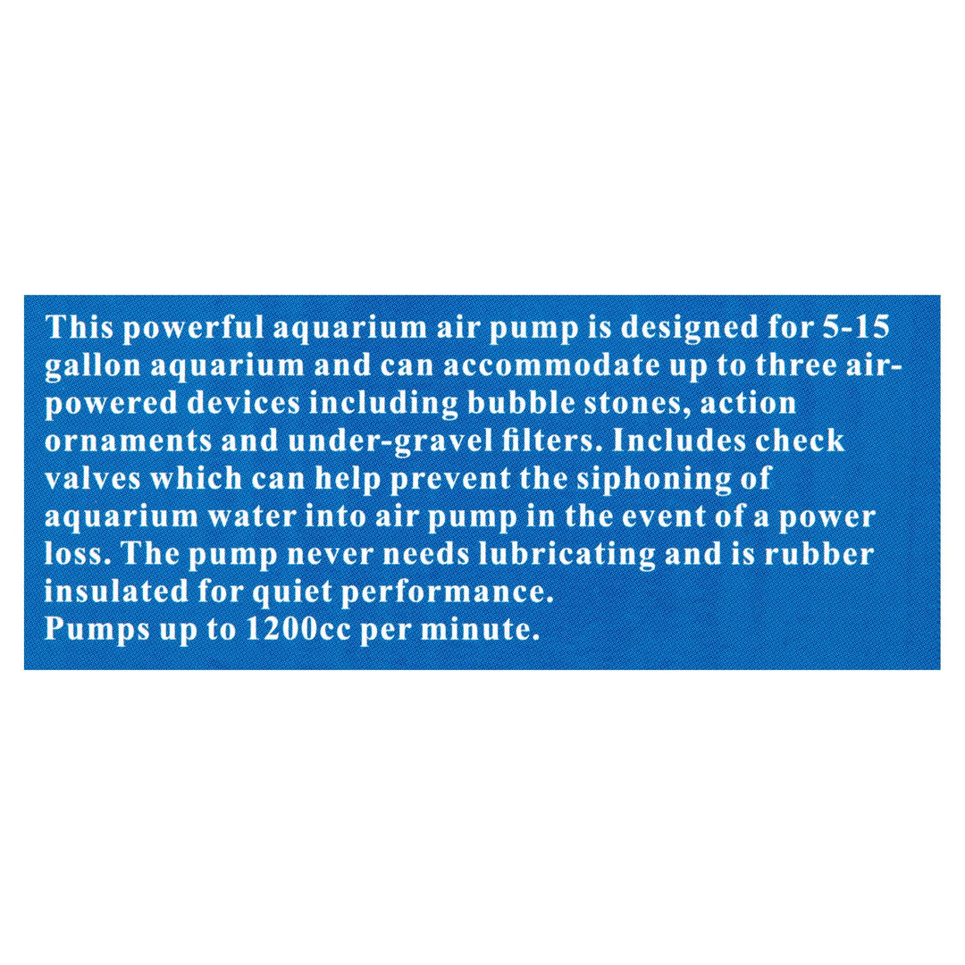 Aqua Culture 5 - 15 Gallon Single Outlet Aquarium Air Pump with Check Valve. Easy To Set Up. Air Output Up To 1200cc Per Minute. (For 5, 6, 7, 8, 9, 10, 11, 12, 13, 14, 15 Gallon Fish Tanks)