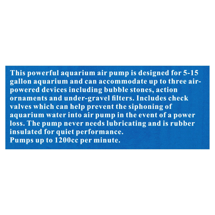 Aqua Culture 5 - 15 Gallon Single Outlet Aquarium Air Pump with Check Valve. Easy To Set Up. Air Output Up To 1200cc Per Minute. (For 5, 6, 7, 8, 9, 10, 11, 12, 13, 14, 15 Gallon Fish Tanks)