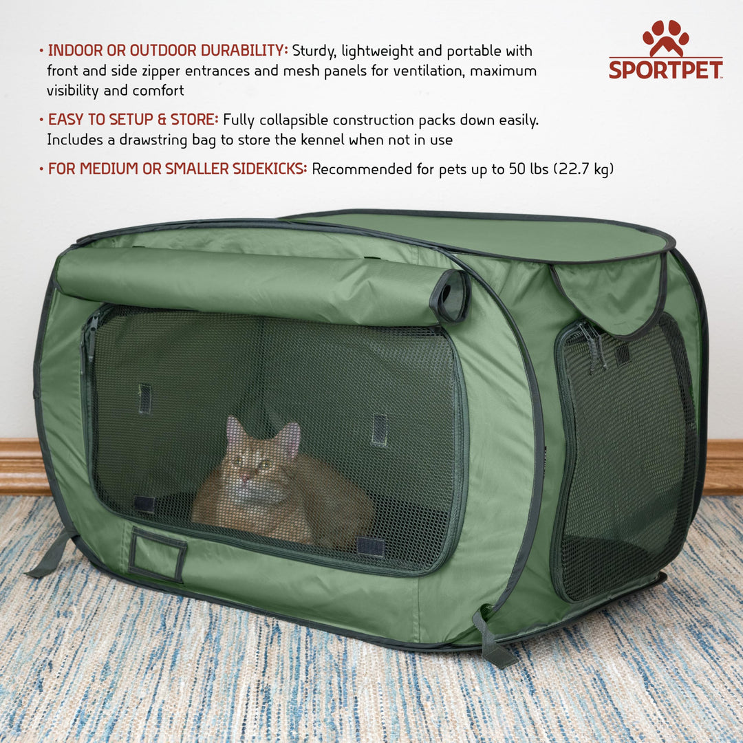 SportPet Designs Soft-Sided Pop-Open Pet Kennel, Medium Portable Travel Crate for Cats &amp; Dogs up to 50 lbs, Foldable Car Kennel with Seatbelt Straps &amp; Washable Waterproof Pad, Green