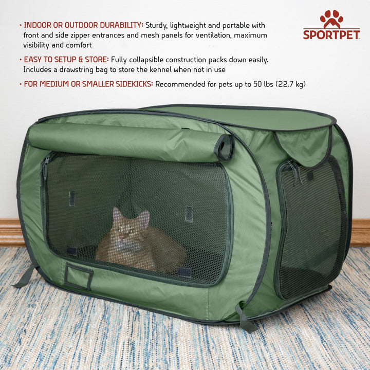 SportPet Designs Soft-Sided Pop-Open Pet Kennel, Medium Portable Travel Crate for Cats &amp; Dogs up to 50 lbs, Foldable Car Kennel with Seatbelt Straps &amp; Washable Waterproof Pad, Green