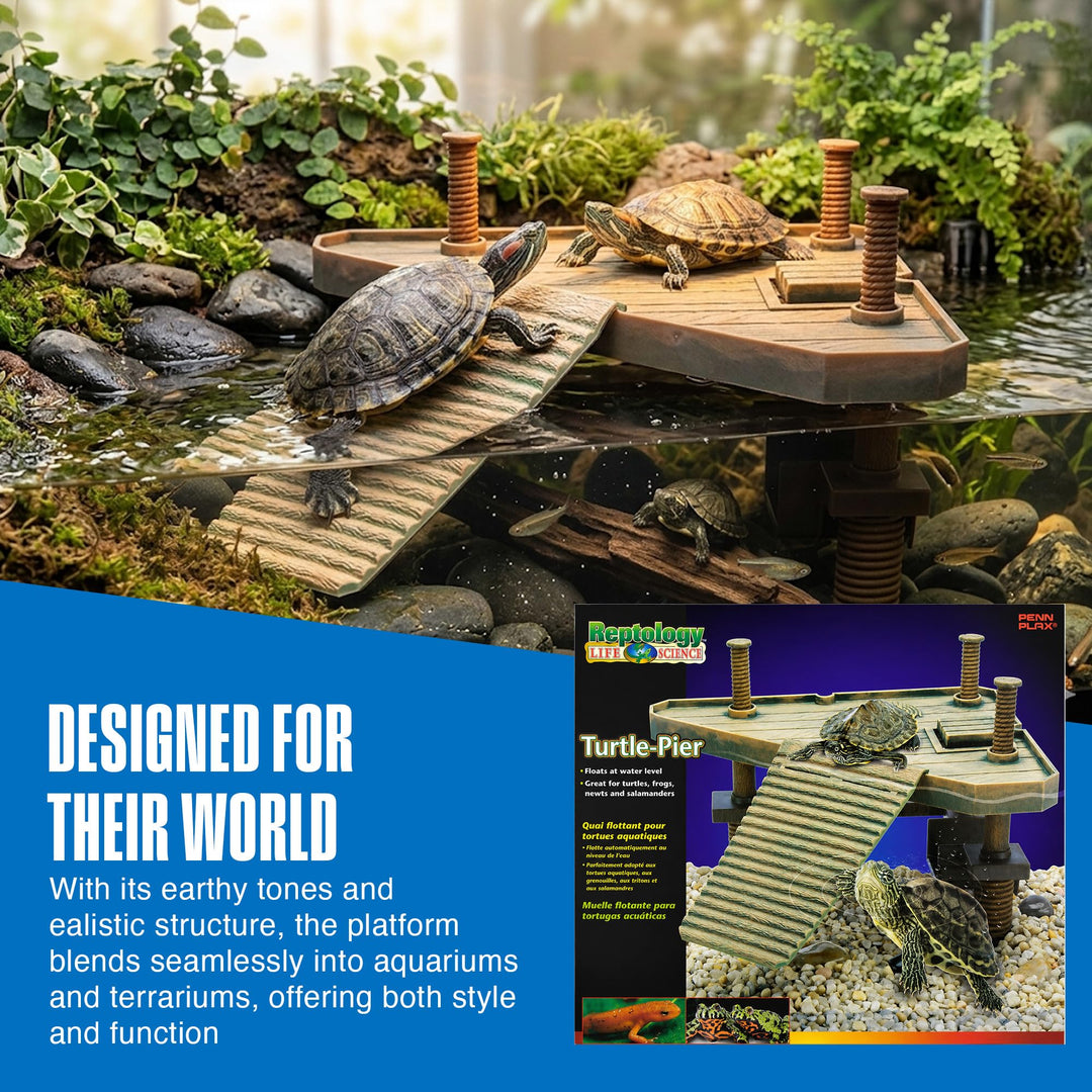Penn-Plax Reptology Turtle Pier and Basking Platform, Medium - Adjust Height Up to 12 In - Floats at Water Level -Easy Ramp Access for Turtles, Frogs &amp; Reptiles in Aquariums or Terrariums, 11.5x9.5 In