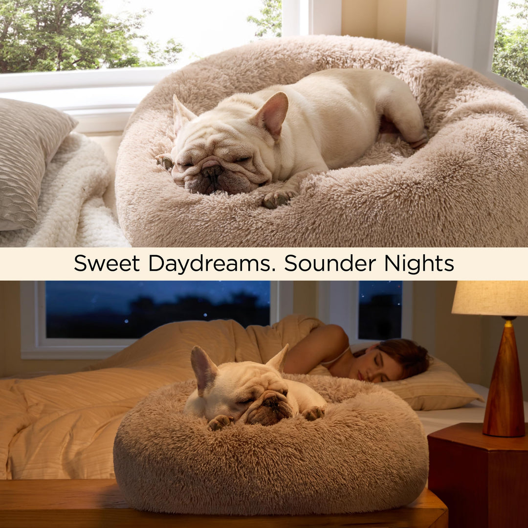 Bedsure Calming Cat Beds Donut Round Washable Kitten Bed,20 inches Camel