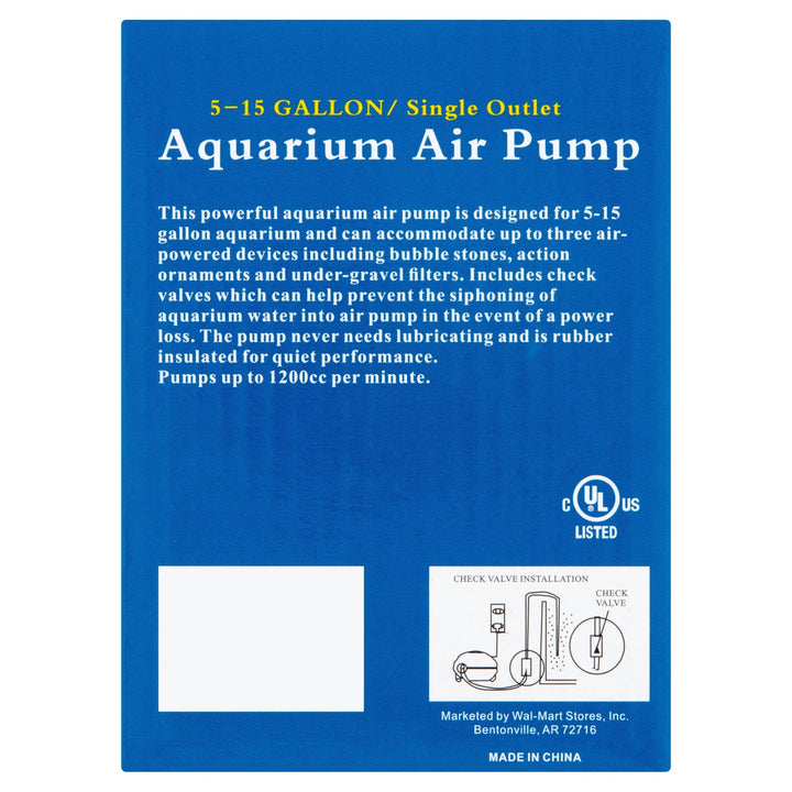 Aqua Culture 5 - 15 Gallon Single Outlet Aquarium Air Pump with Check Valve. Easy To Set Up. Air Output Up To 1200cc Per Minute. (For 5, 6, 7, 8, 9, 10, 11, 12, 13, 14, 15 Gallon Fish Tanks)
