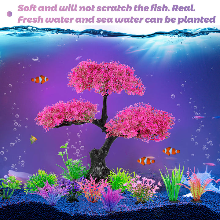 Ameliade Pink Artificial Plastic Tree Aquarium Plants Decor Set, 11PCS