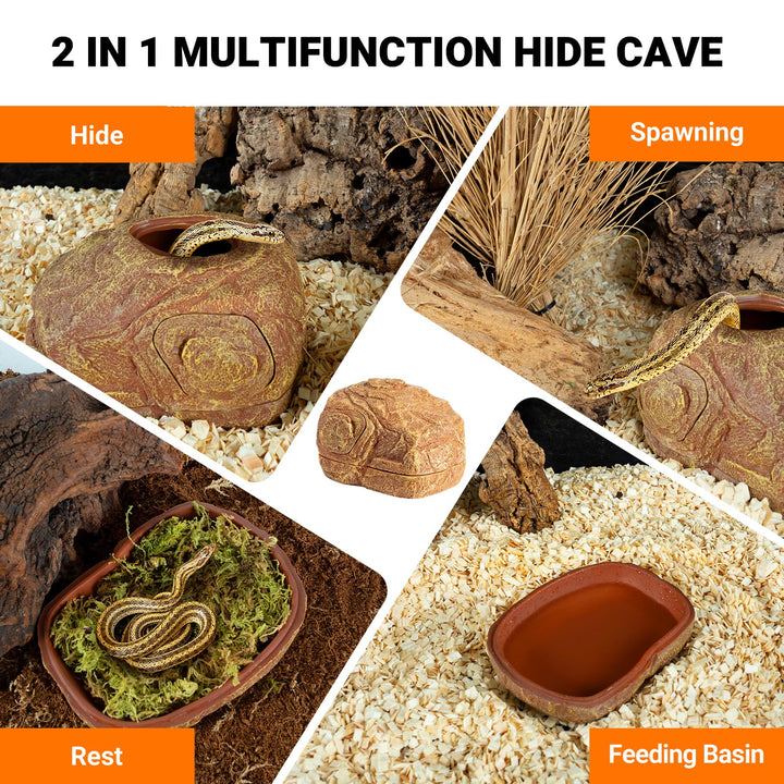 REPTI ZOO Gecko Hide Cave, 2 in 1 Snake Reptile Hideout for Hide &amp; Rest &amp; Breed &amp; Feeding, Reptile &amp; Amphibian Habitat Decor for Corn Snake, Small Snake, Ball Python, Crested Gecko, Leopard Gecko