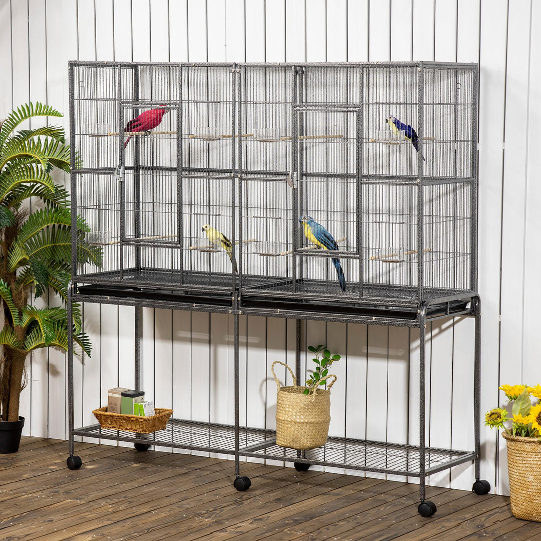 PawHut 65" Double Rolling Metal Bird Cage with Divider, Large Parrot Cage for Parakeet, Canaries, Lovebirds, Budgie, Finch, with Detachable Rolling Stand, Storage Shelf, Wood Perch &amp; Food Container