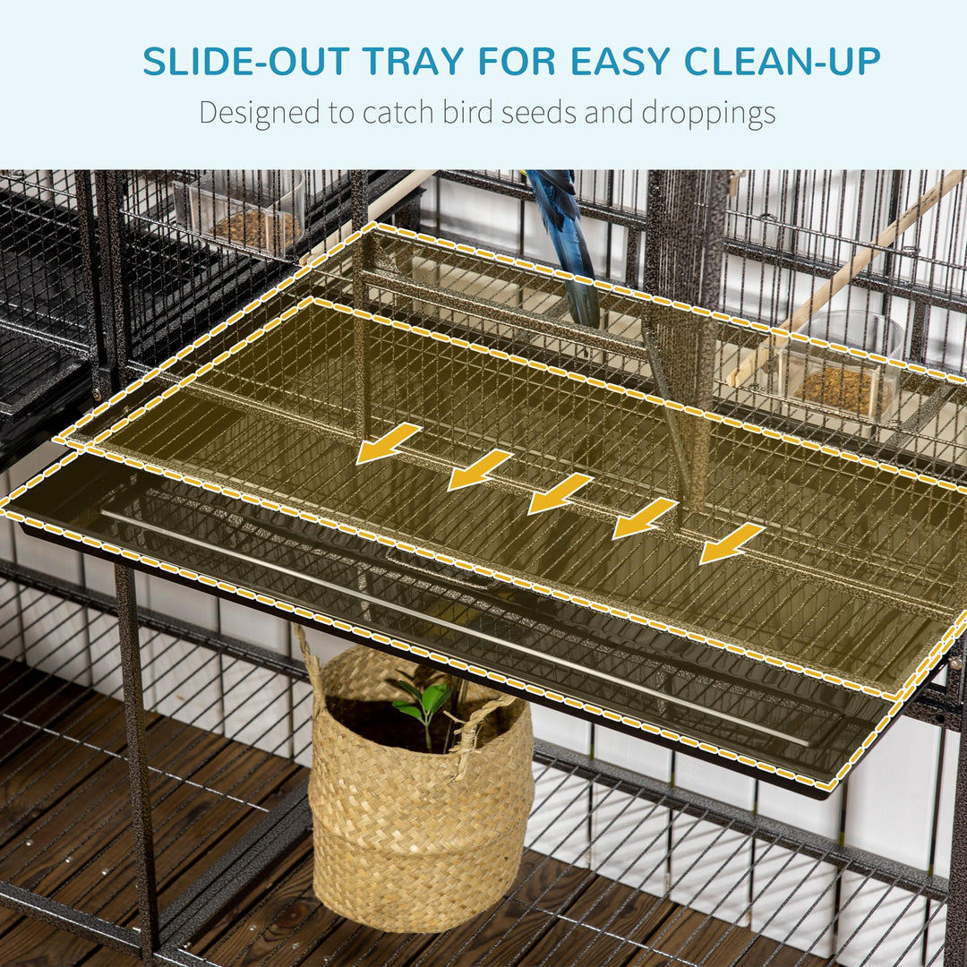 PawHut 65" Double Rolling Metal Bird Cage with Divider, Large Parrot Cage for Parakeet, Canaries, Lovebirds, Budgie, Finch, with Detachable Rolling Stand, Storage Shelf, Wood Perch &amp; Food Container