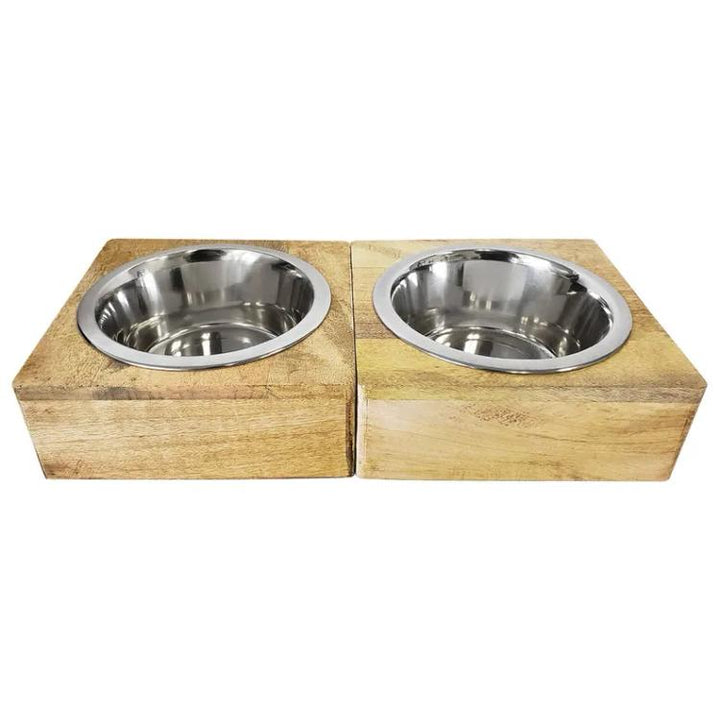 Stainless Steel Dog Bowl with Square Mango Wood Holder - SWB 320M